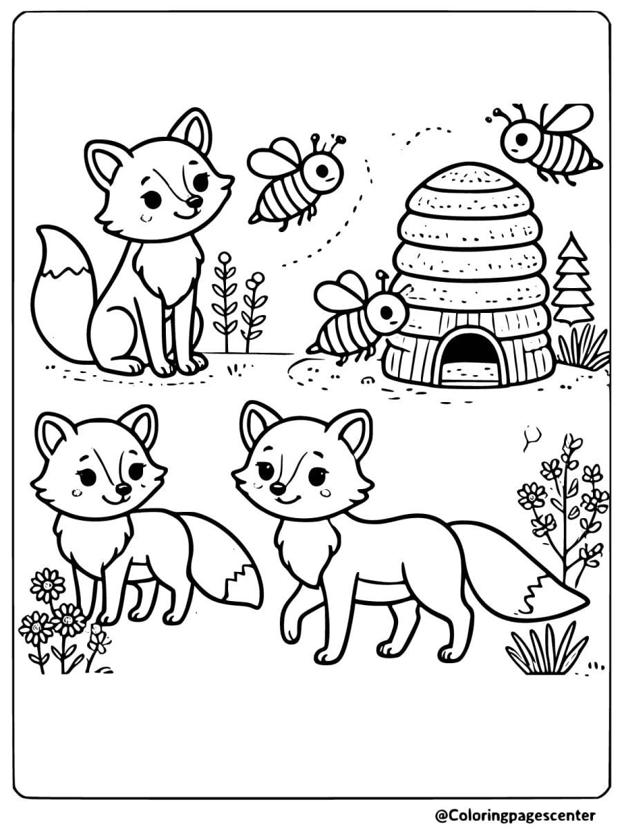 Foxes near a beehive, engaging foxes coloring page