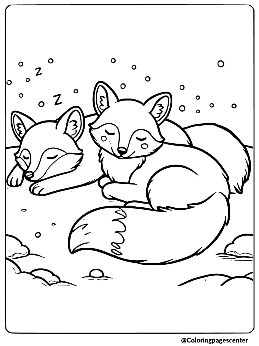 Foxes sleeping in snow, winter-themed foxes coloring page