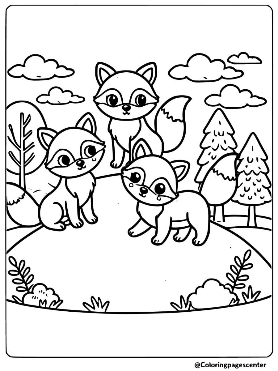 Three foxes on a hilltop, foxes coloring page for all ages