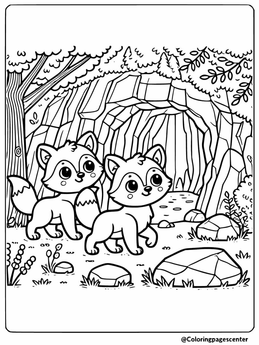 Foxes by a cave entrance, a fun foxes coloring page