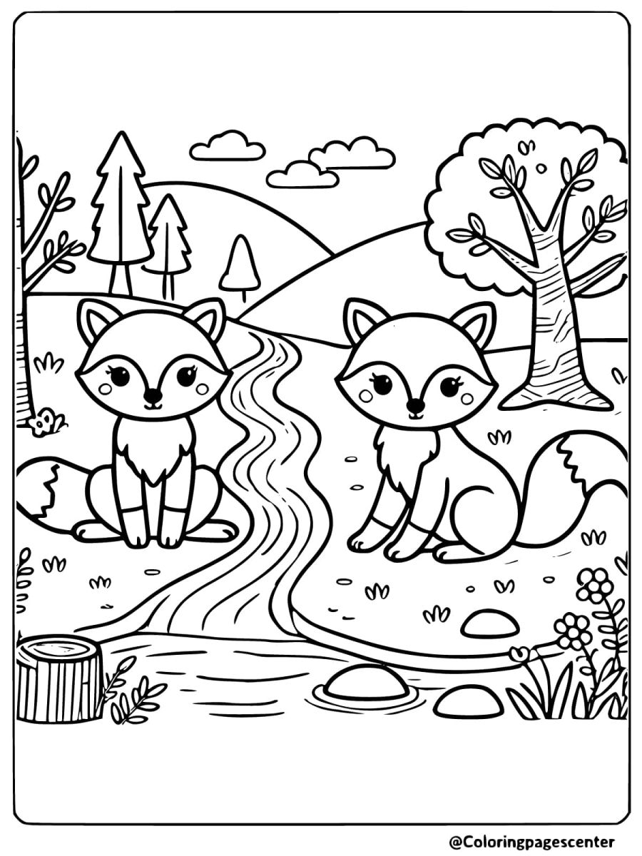 Two foxes by a river, foxes coloring page for kids