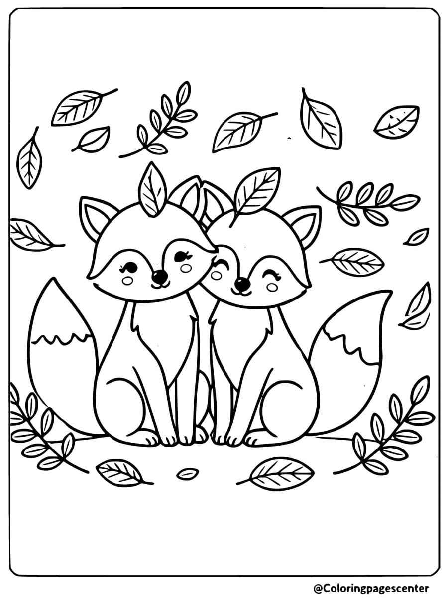 Foxes with autumn leaves, nature-themed foxes coloring page