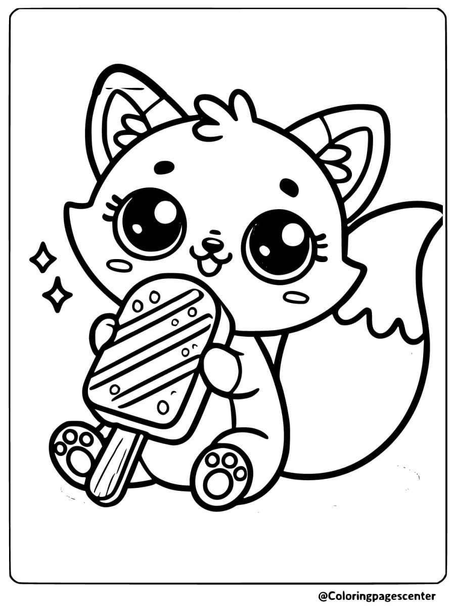 Cute kawaii fox with popsicle fun kids coloring page