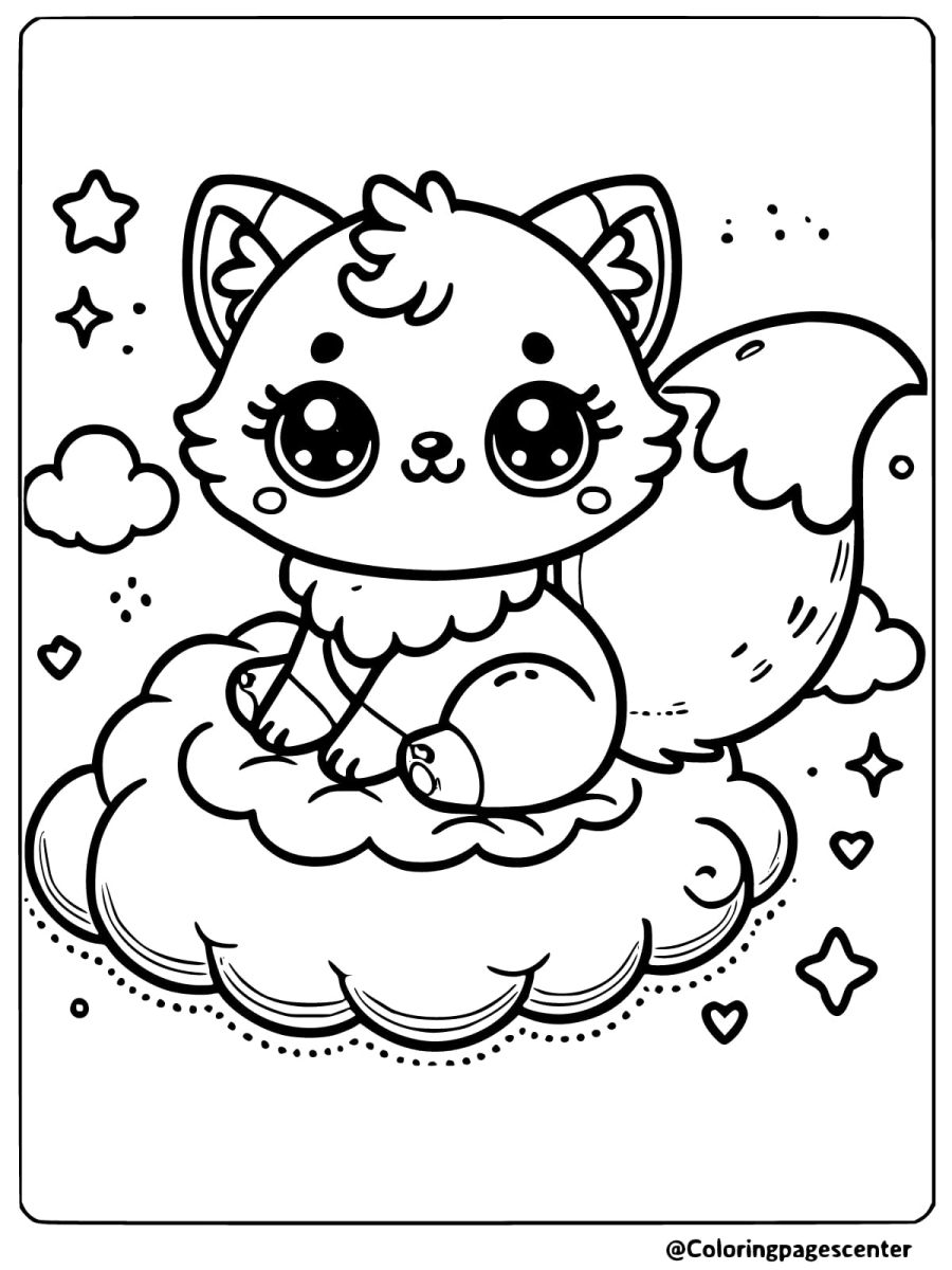 Dreamy kawaii fox on cloud with stars coloring page