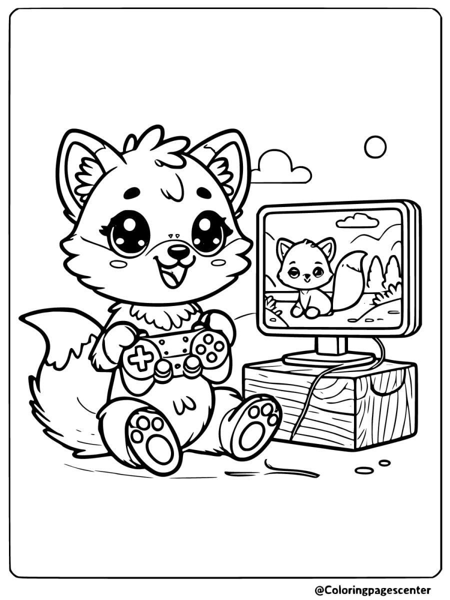 Kawaii fox playing games perfect for kids coloring page