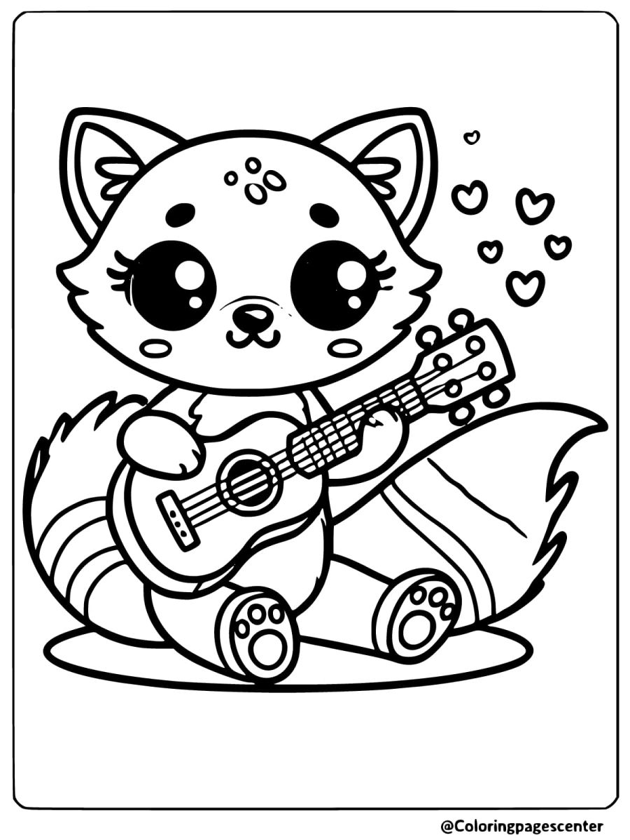 Musical kawaii fox with guitar lovely coloring page