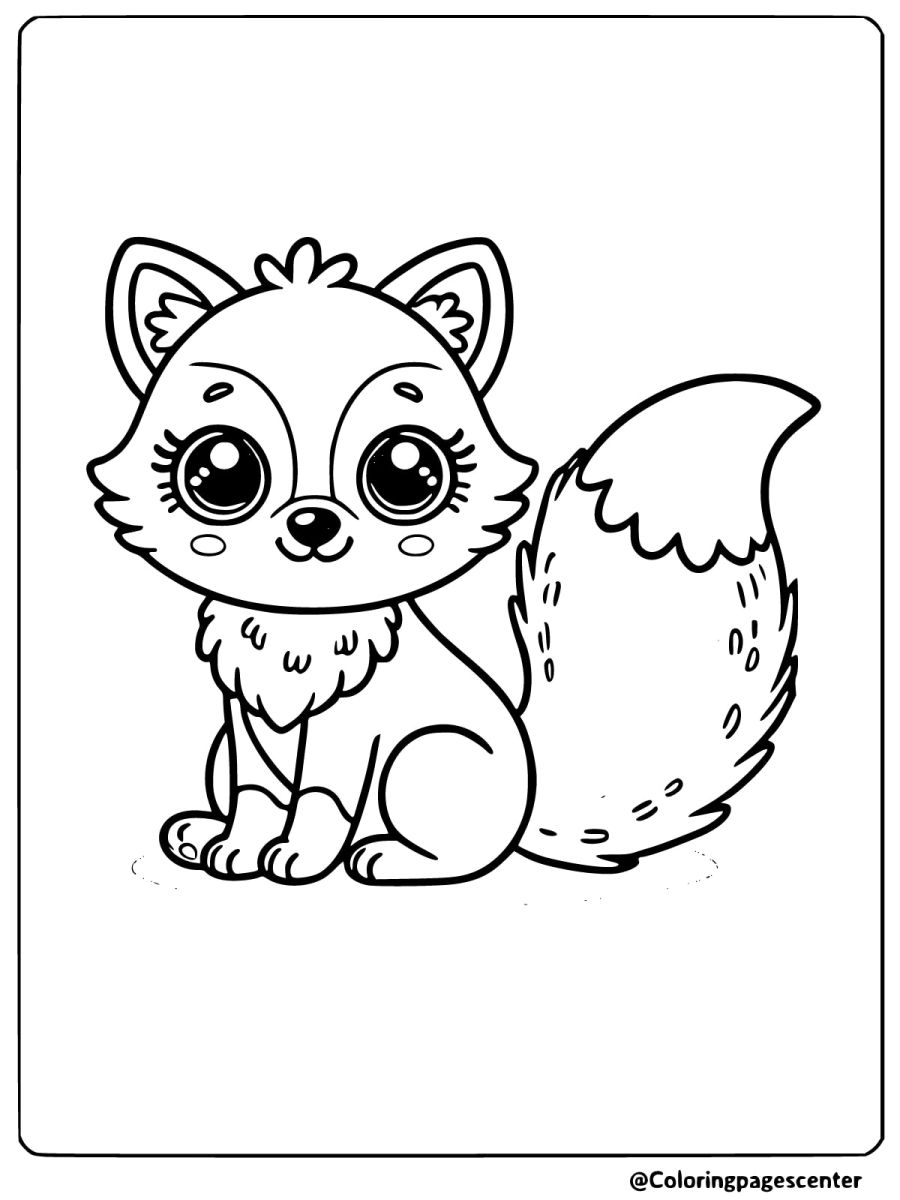 Kawaii fox with fluffy tail sitting pretty coloring page