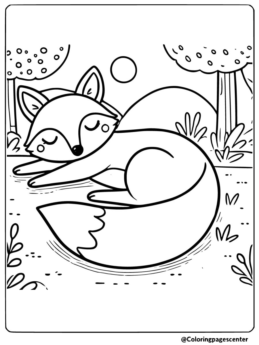 Coloring page of a sleeping fox curled up in a peaceful forest