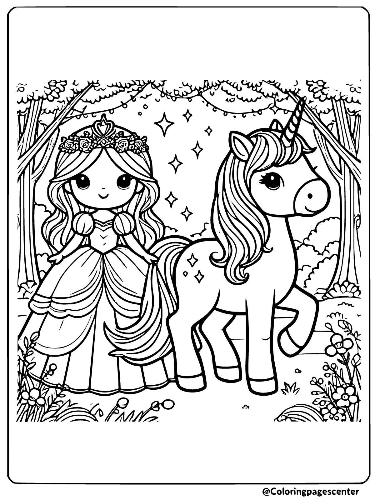 Princess and Unicorn Coloring Page