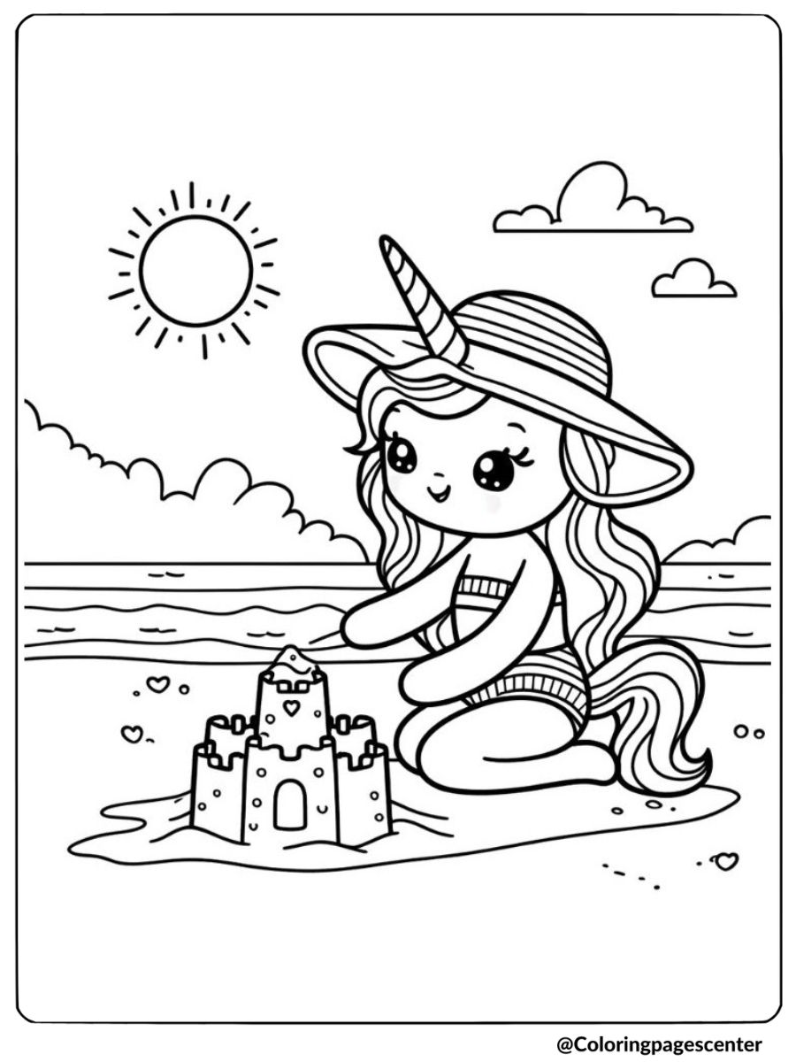 Coloring page of unicorn girl building a sandcastle on beach