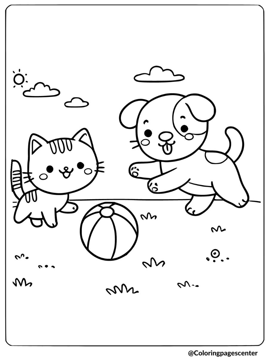 A cat and dog playing with a ball coloring page