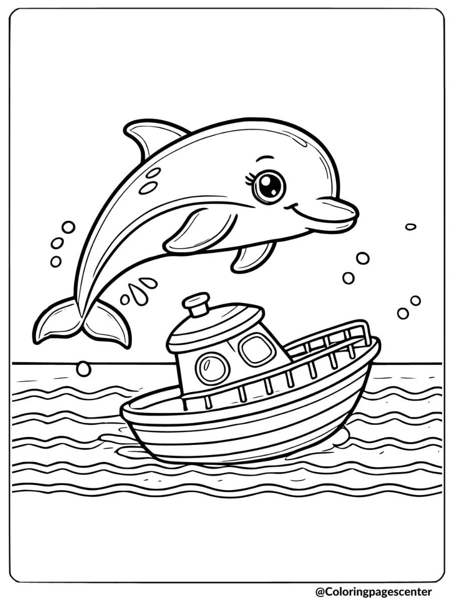 Coloring page of a cute dolphin jumping over a boat