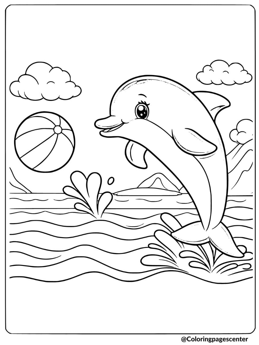 Easy dolphin playing with beach ball coloring page for children