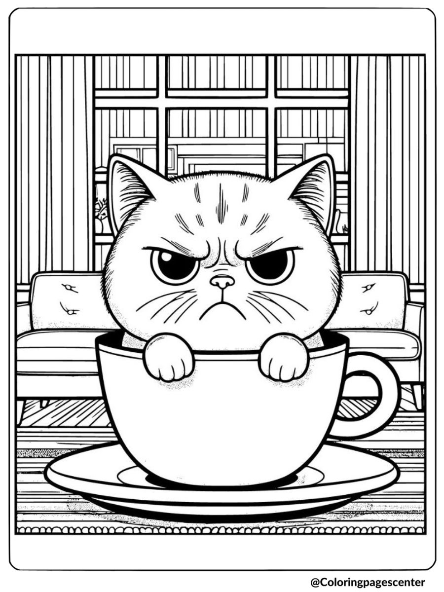 Cat in a teacup coloring page