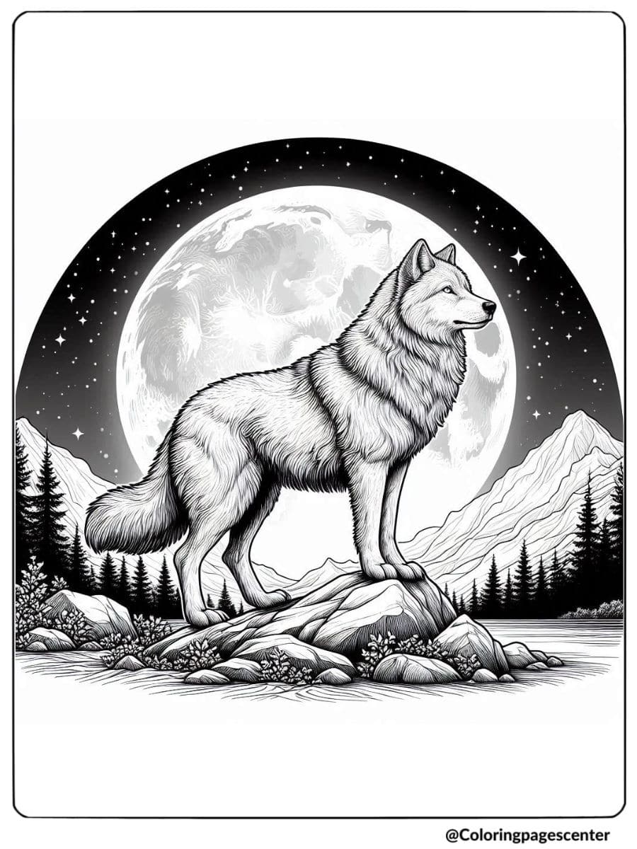 Realistic Wolf In Moonlight Coloring Page