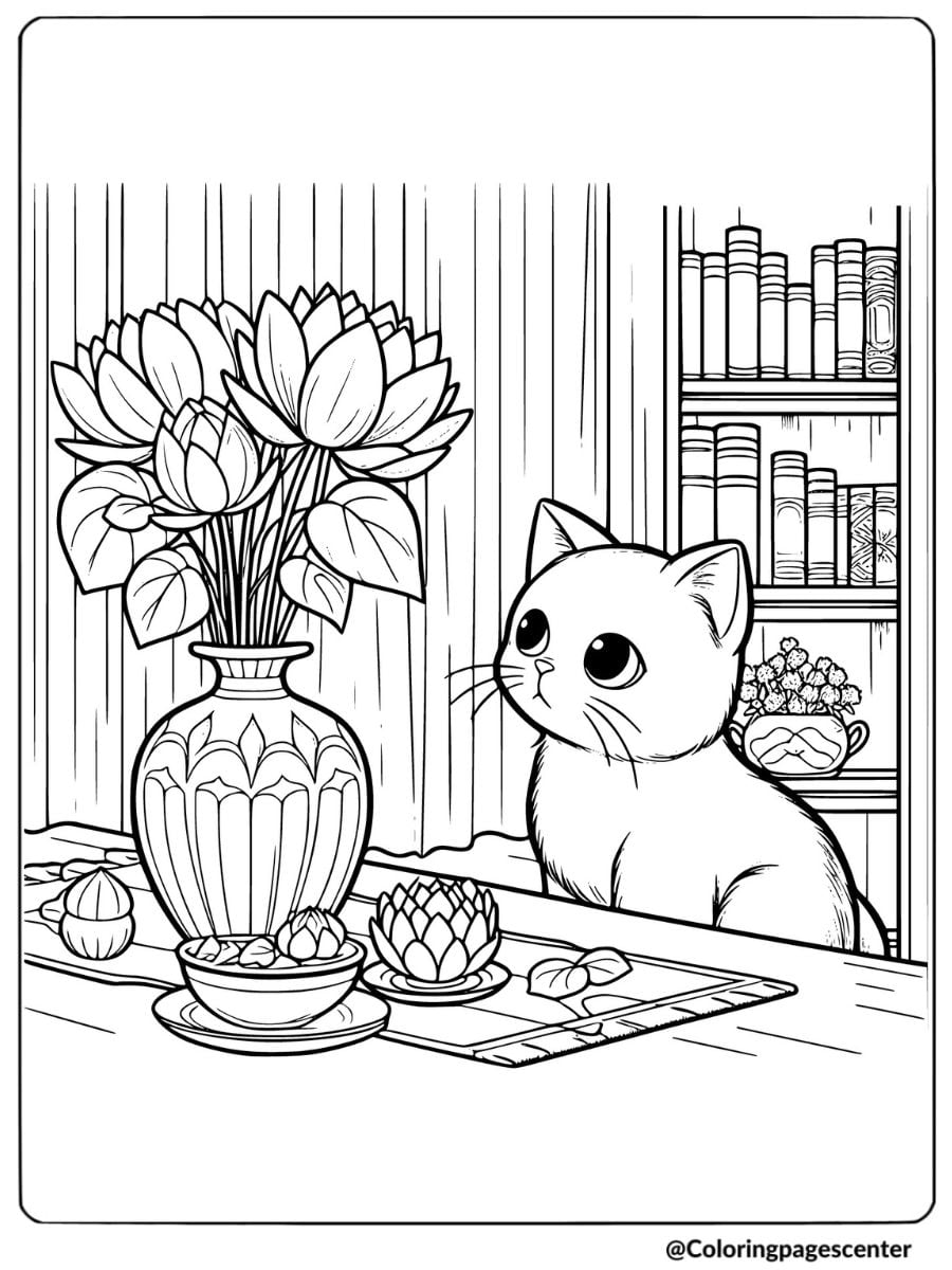 Cat and Flower Coloring Page