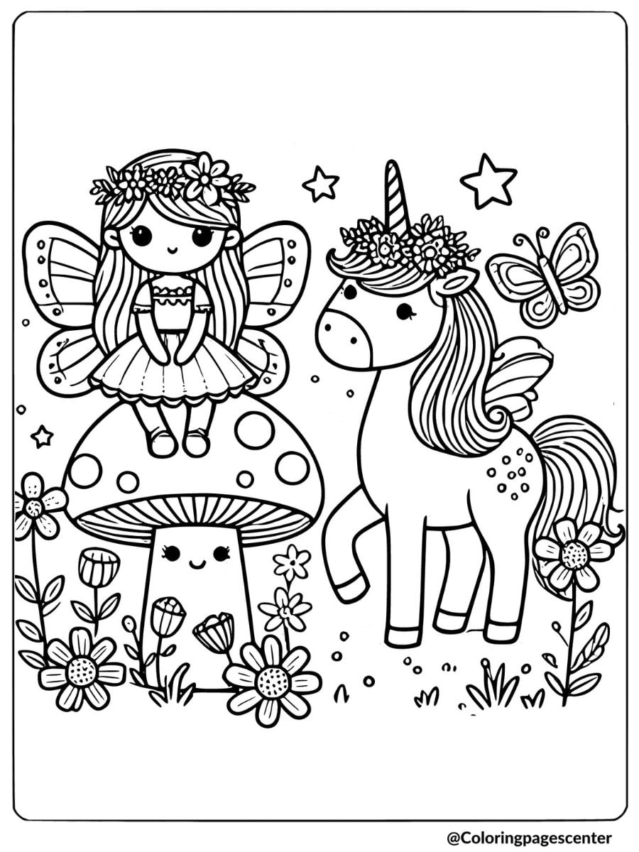 Fairy And Unicorn Coloring Page