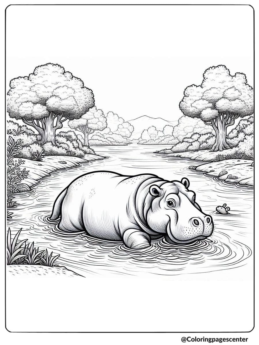 Realistic Hippo Coloring Page